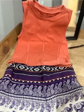 Rhea Costa Coral Knit Tank with Purple Patterned Skirt